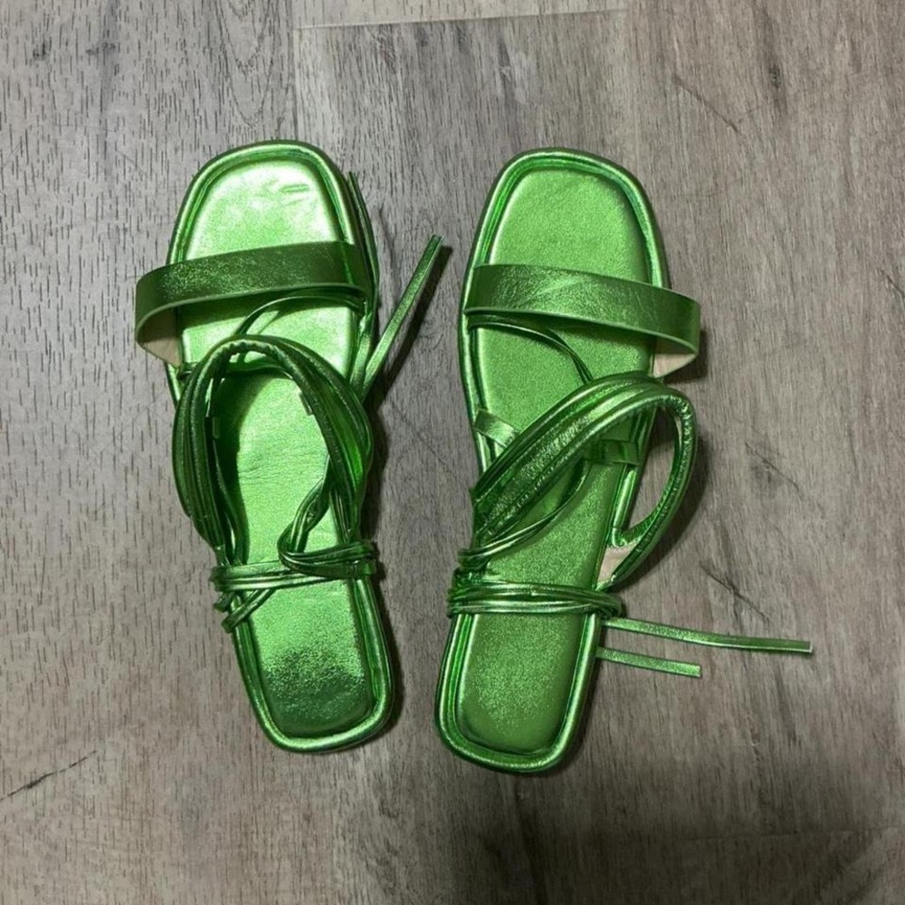 Green metallic strappy sandals
